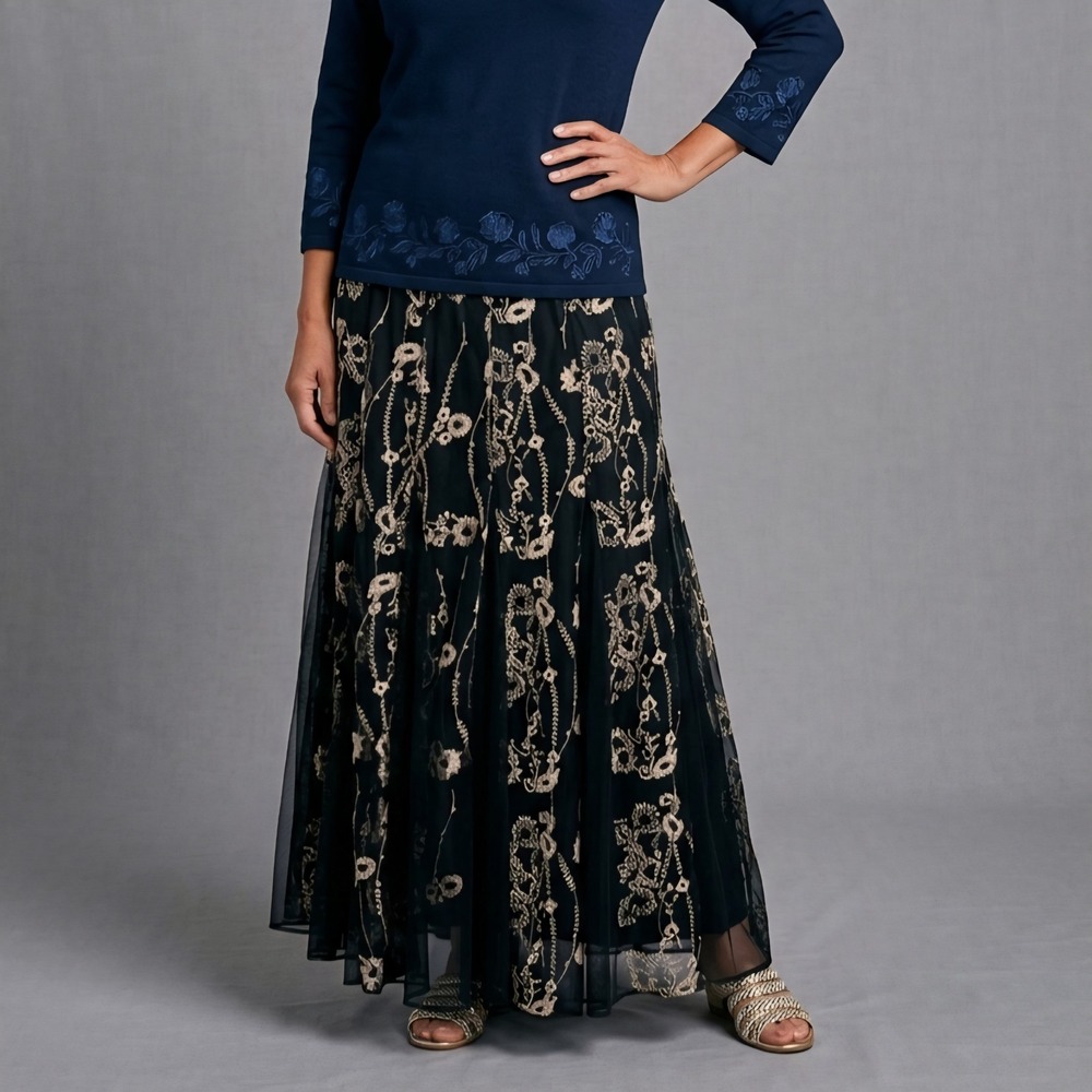 Soft Surroundings Skirt Womens Size Large Black Floral Embroidered Maxi Leatrice